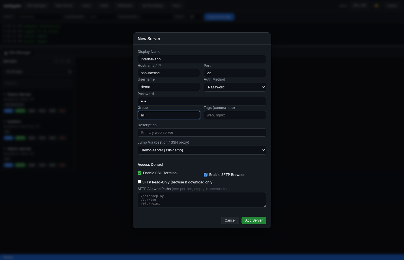 Add server with Jump Via dropdown