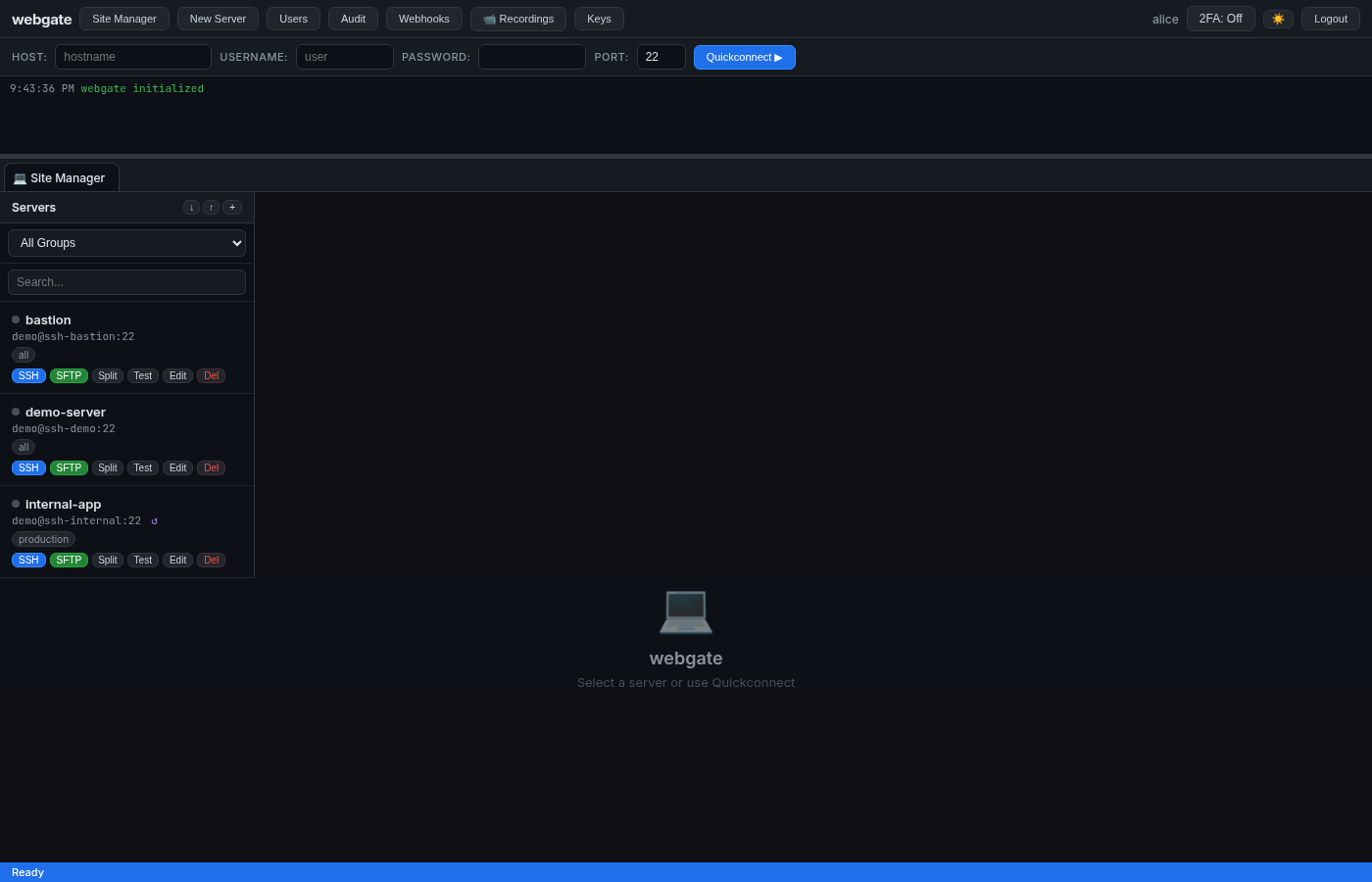 Dashboard with 3 servers — ↺ marks the one going via bastion