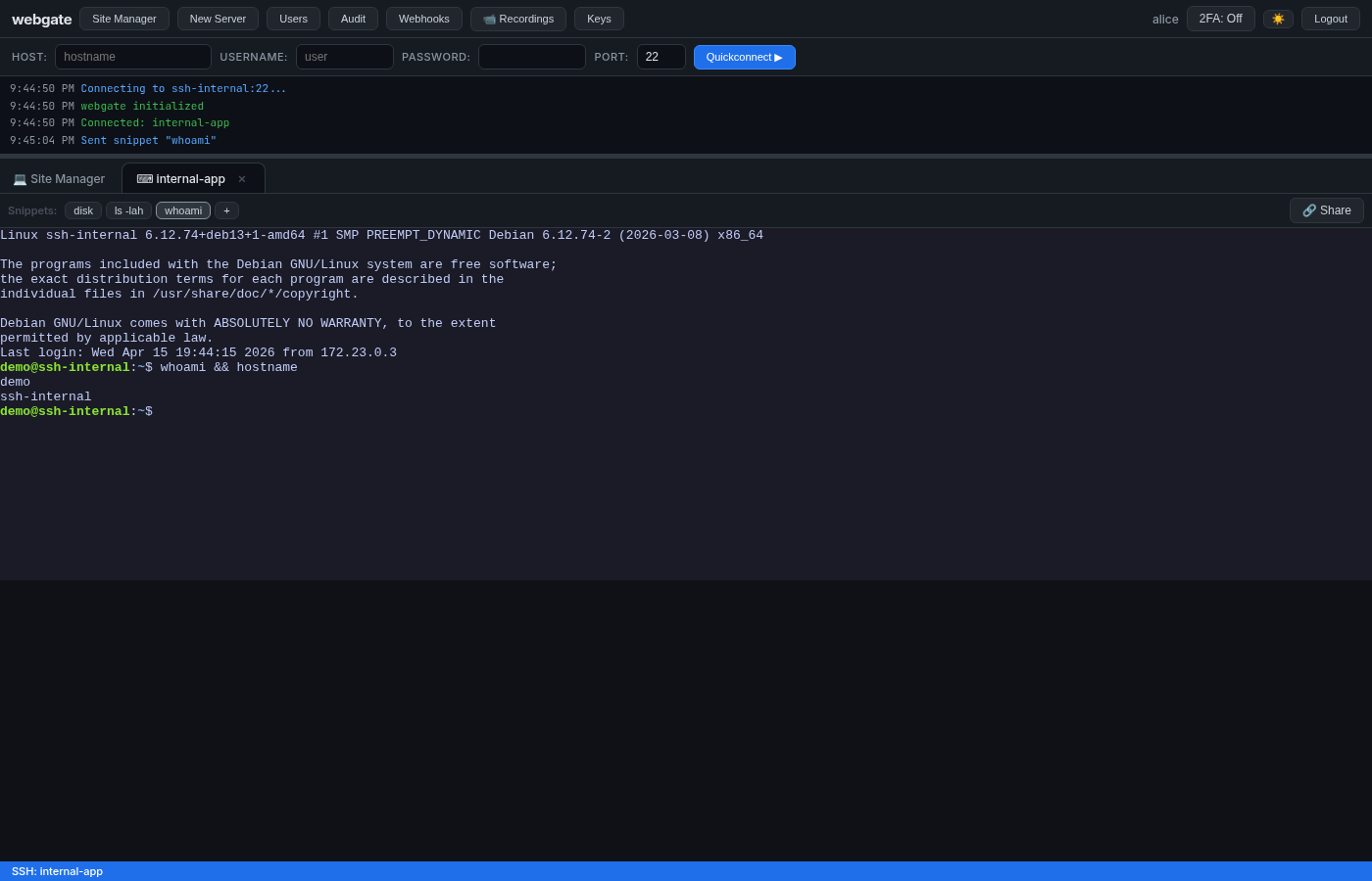 Click the "whoami" snippet, output appears in the terminal