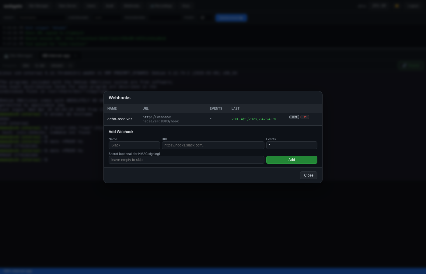 Webhooks modal with last_status=200