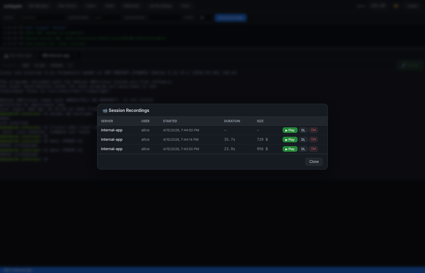 Recordings list — every SSH session you opened is here